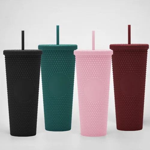 Vista 4 de Vaso Tachonado DIY de 24oz. Vaso Tachonado Negro Mate con Tapa y Pajita. Vaso de Viaje Reutilizable con Aislamiento de Doble Pared. Vaso de Plástico