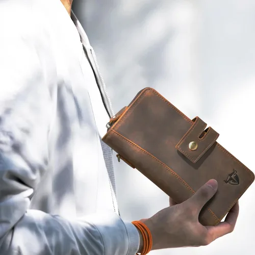 Vista 7 de Handadsume Genuino caballo loco cuero viaje regalo moneda bolsillo tarjeta caso largo organizador cadena Rfid monedero con broche para hombres