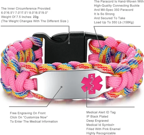 Vista 60 de Pulsera de alerta médica Paracord para hombres y mujeres Pulsera de identificación médica de acero inoxidable con hebillas de liberación lateral