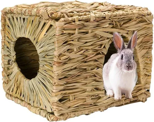 Vista 10 de Tfwadmx Rabbit Grass House - Cama de heno tejida a mano natural de hierba marina, juguete de cabaña escondida para conejito, hámster, conejillo
