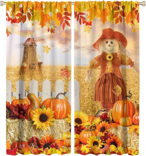 Vista 43 de Divertidas cortinas opacas de calabaza y espantapájaros para sala de estar, rústicas de otoño, hojas de arce, girasol, cosecha de otoño, puesta