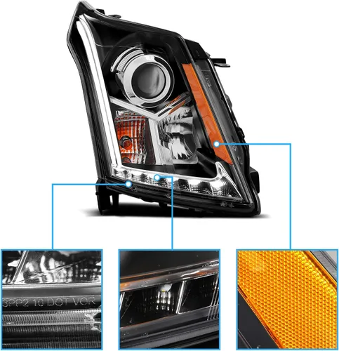 Vista 4 de AmeriLite - Juego luz direccional y barra LED de faros delanteros de proyector, negro, para Cadillac SRX, lado del pasajero y conductor