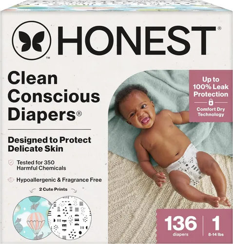 Vista 20 de The Honest Company Comfort Dry Pañales desechables para piel sensible, hasta 100% a prueba de fugas, hipoalergénicos, sin fragancia, Turtle Time