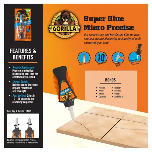 Vista 3 de Gorilla Micro Precise Super Glue, 0.18 onzas, transparente, (paquete de 1)