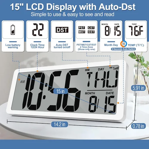 Vista 4 de Reloj Atómico 15" Reloj de Pared Digital Reloj de Pared Atómico Funciona con Pilas Reloj de Alarma Digital Grande con Día, Fecha y Temperatura