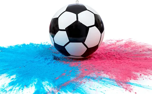 Vista 4 de Balón de fútbol con polvo para revelación de género, kit de pelotas de fútbol explosivas, incluye paquetes de color rosa y azul + carcasa de pelota