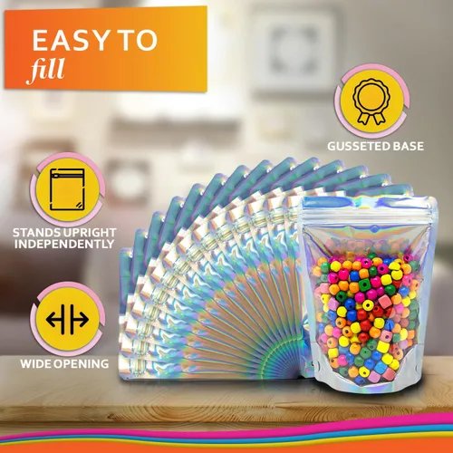 Vista 5 de 100 bolsas de Mylar iridiscentes resellables - Bolsas sellables con cierre hermético de 5 x 7 pulgadas, bolsas de pie sellables con cierre térmico