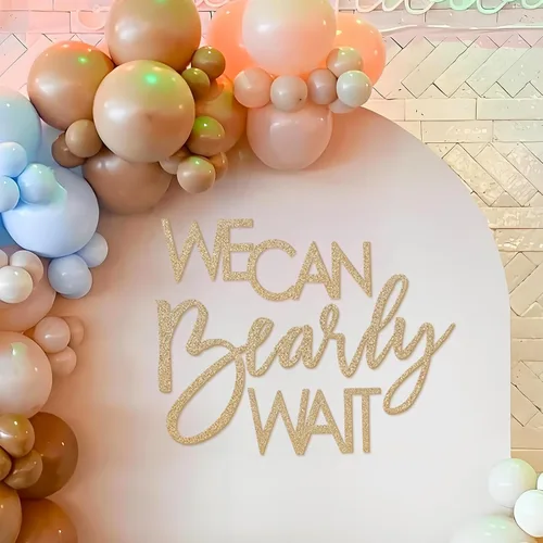 Vista 8 de Letrero "We Can Bearly Wait" para telón de fondo - Pancarta temática de oso de peluche para fiesta de bebé, niño, niña, baby shower, revelación