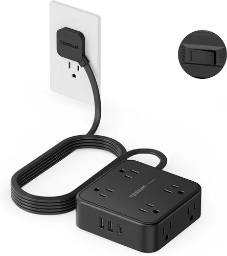 Vista 25 de TESSAN - Tira de alimentación con protector de sobretensiones, cable de extensión plano de 5 pies con 8 salidas de CA, 3 puertos USB (1 USB C), Gris