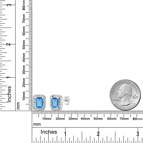 Vista 59 de Gem Stone King Aretes de plata de ley 925 con piedra natal Corte esmeralda de 0.315 x 0.236 in Aretes de halo para mujer