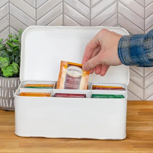 Vista 2 de AuldHome Farmhouse - Caja de té (blanca), estilo retro vintage esmaltado, lata de almacenamiento de té