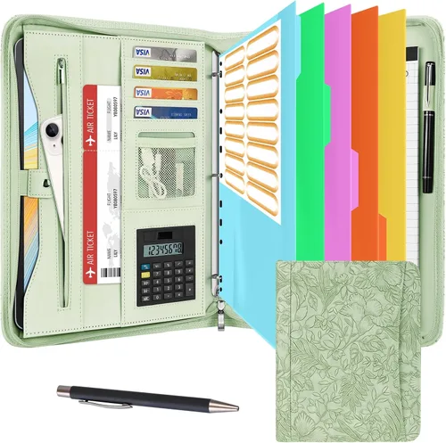 Vista 9 de Eshow Padfolio para hombres y mujeres con bolígrafo, cartera de cuero con cremallera, organizador profesional de currículum de entrevistas