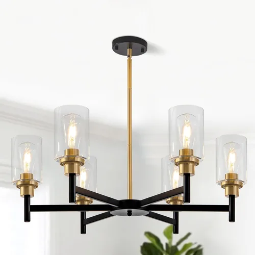 Vista 10 de lámpara de araña de granja de 6 luces con rueda de vagón, accesorios de luz colgante para comedor, sala de estar, isla de cocina, vestíbulo