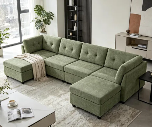 Vista 20 de VANOMi - Sofás seccionales de 6 plazas para sala de estar, sofá modular convertible de 118" en forma de nube, cómodos sofás de chenilla y sofás
