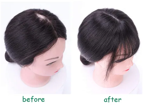 Vista 6 de LXUE Piezas de cabello realistas con flequillo, cabello humano real con clip para mujeres con pérdida de cabello, 8 pulgadas, marrón oscuro