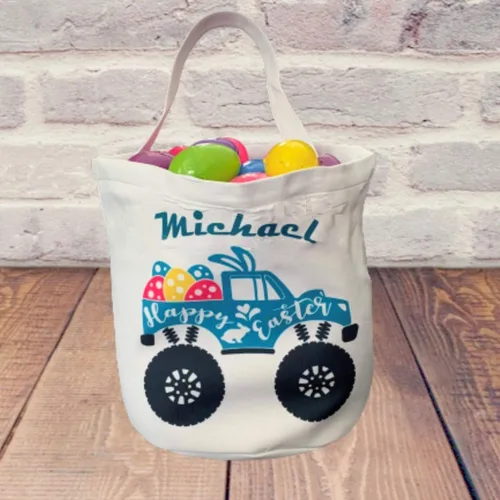 Vista 3 de Cestas de Pascua personalizadas para niños vacías – Cubo para caza de huevos – Nombre personalizado – Cubo de lona con asas