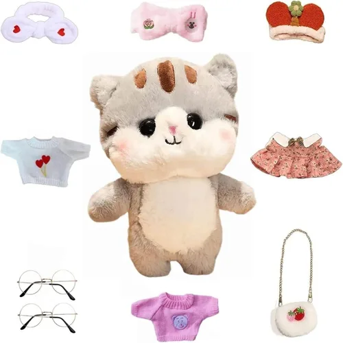 Vista 8 de Juguete de peluche de pato con 9 trajes y accesorios para combinar con ropa de vestir para niños (12 pulgadas) (gato gris)