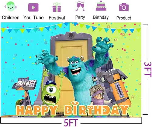 Vista 2 de Telón de fondo verde de Monster Inc para suministros de fiesta de cumpleaños, 5 x 3 pies Monster Inc Boo Theme Baby Shower Banner para fiesta