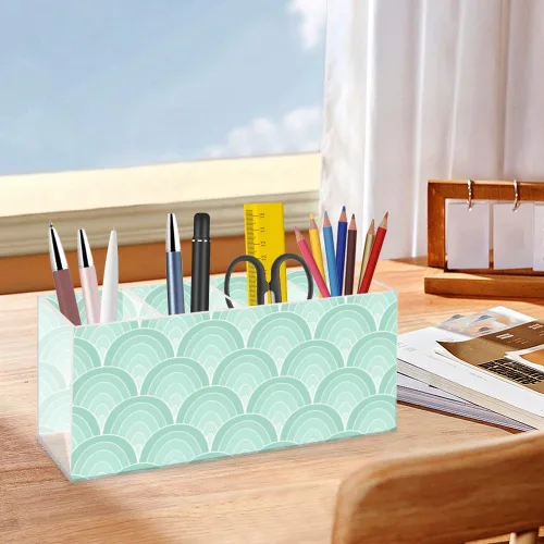 Vista 4 de Green Wavy Retro Acrylic Desk Pen Holder With 4 Compartments Pen Holder Organizer Powder Drink Mix Container Storage Bow Office Decor Container