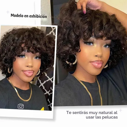 Vista 6 de Pelucas de cabello humano corto rizado Bob peluca para mujeres negras, sin encaje, peluca rizada grande con flequillo, corte pixie, pelucas Negro