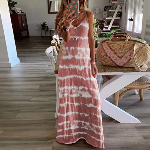 Vista 3 de anuyalue Vestidos de verano para mujer 2023 con estampado de rayas, vestido largo con tirantes delgados, vestido de cuello en V, sexy, casual