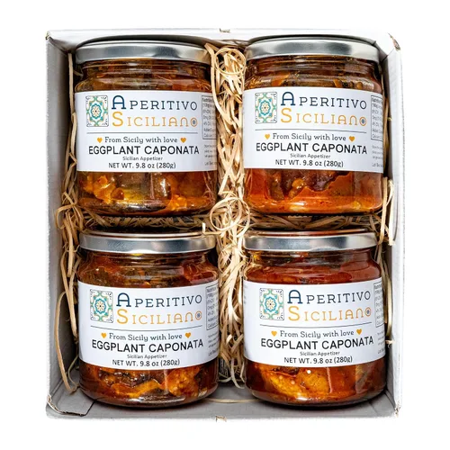 Vista 4 de Aperitivo Siciliano - Auténtica caponata de berenjena siciliana - Hecho a mano con ingredientes seleccionados cultivados en Sicilia - Paquete de 4