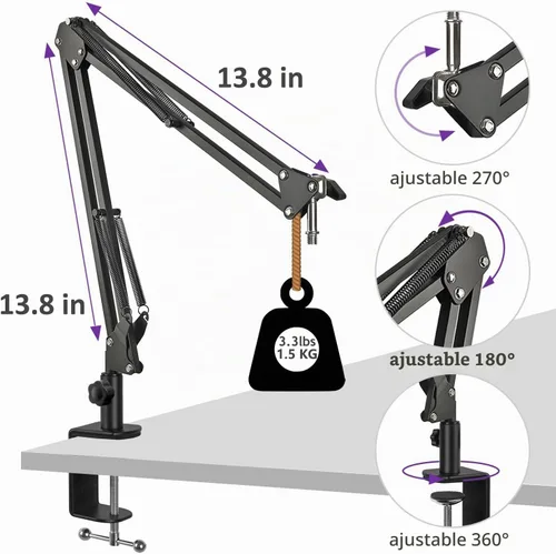 Vista 2 de Brazo ajustable Seiren para micrófono, soporte de micrófono compatible con Razer Seiren X Mini V2 V3 USB Streaming Micrófono para grabación