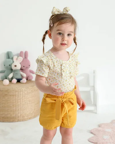 Vista 3 de Mioglrie Conjunto de ropa para bebé recién nacida, conjunto de pantalones cortos, lindos trajes de verano para bebés, ropa de bebé de algodón