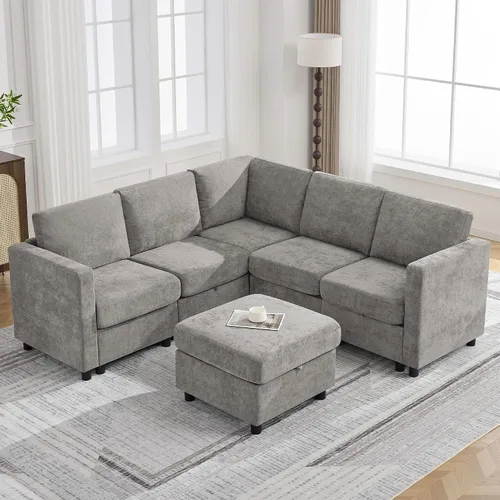 Vista 68 de WUTUTUEE Sofá seccional modular en forma de L de 83" con almacenamiento y otomano móvil, sofá convertible de 4 asientos reversible chaise de Beige