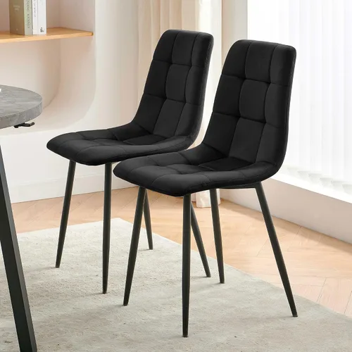 Vista 2 de NORDICANA Juego de 2 sillas de comedor, sillas de cocina tapizadas, sillas laterales de terciopelo negro con cómodos cojines y patas de metal