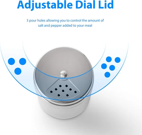 Vista 3 de Despachador de condimentos de acero inoxidable portable, juego de 6 unidades con tapas rotativas y bolsa de viaje, salero y pimientero, despachador
