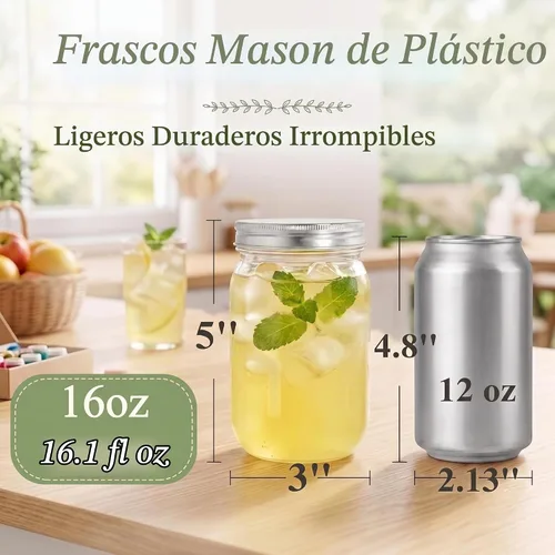 Vista 2 de Tebery Paquete de 12 tarros de plástico transparente con tapas de una pieza, vaso de cóctel Mason de 16 onzas, tarro de bebida inastillable 16Oz-12
