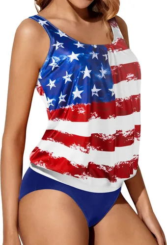 Vista 5 de Yonique Trajes de baño estilo tankini con blusón para mujer, de dos piezas, ajuste holgado, sencillo y estampado floral.