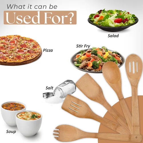 Vista 6 de Alpine Cuisine Juego de utensilios de bambú de 5 piezas, cucharas de madera, artículos esenciales de apartamento, espátula de madera de alta