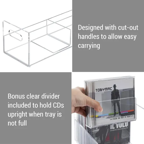 Vista 3 de MyGift Soporte rack moderno premium de CD apilable de acrílico transparente con asas de transporte recortadas, caja de exhibición para estuches