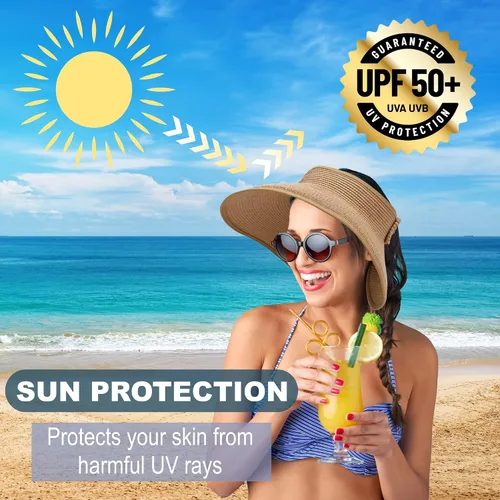 Vista 3 de Visera solar de paja para mujer, ala ancha, protección UPF 50+, sombrero de playa, ajustable, plegable, gorra de cola de caballo con correa