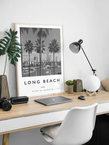 Vista 3 de Impresión de pared de playa larga, arte de pared de playa larga, impresión de Estados Unidos, arte de viaje americano en blanco y negro, foto