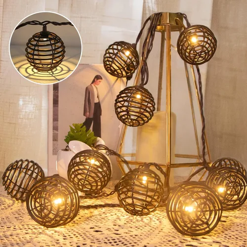 Vista 10 de Vigdur Luces de Cadena de Bolas de Ratán, Luces de Cadena de Linterna Boho con 10 Bombillas LED Conectables, Luces de Cadena para Interiores