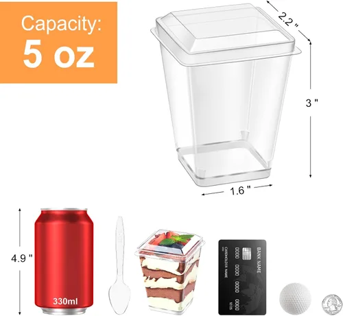 Vista 2 de Kucoele Paquete de 100 tazas de postre de plástico de 5 onzas con tapas y cucharas, tazas de parfait transparentes, tazas de pudín, mini tazas
