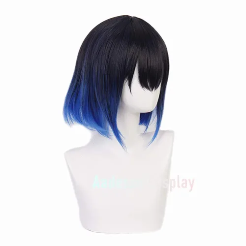 Vista 3 de Aadesso Anime Kimetsu no Yaiba Hashibira Inosuke Cosplay peluca negro degradado azul pelucas sintético Halloween pelo