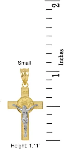 Vista 2 de Colgante de cruz de crucifijo de San Benito en dos tonos de oro macizo de 10 quilates (1.10"), Oro amarillo