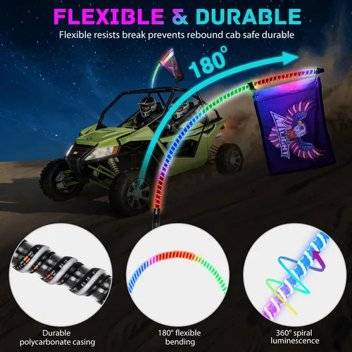 Vista 6 de Nilight Luz LED para látigo, 1 antena COB RGB de 2 pies con base de resorte, aplicación Bluetooth y control remoto, patrones de persecución