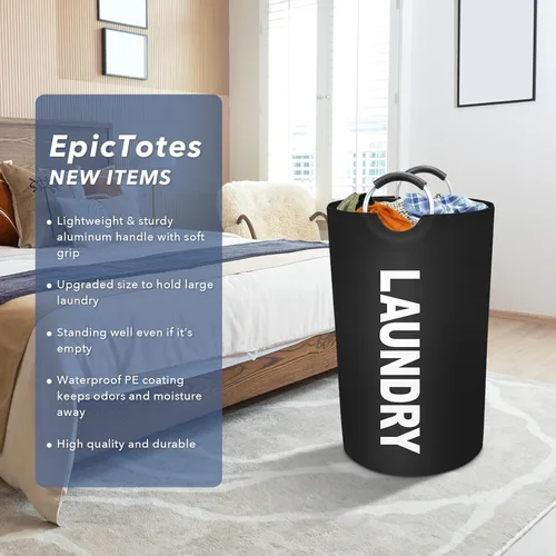 Vista 6 de Cesta de lavandería grande de 90 litros, cesta de lavandería impermeable independiente, cesta plegable para ropa alta, fácil de transportar con asas