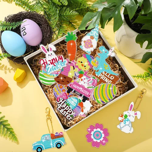 Vista 2 de Panelee 48 piezas de llavero de arte de diamante de Pascua, kits de arte de diamantes para colgar huevos de Pascua, adornos para niños