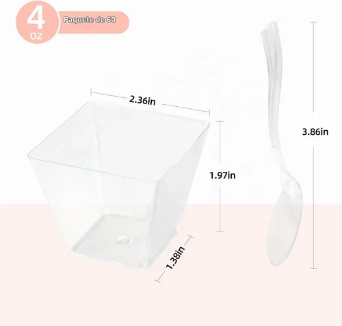 Vista 9 de HOMIP 60Pack 4oz Plastic Dessert Cups with Spoons (No lids), Parfait Cups Mini vasos cuadrados de plástico transparente para yogur, parfaits, pudín