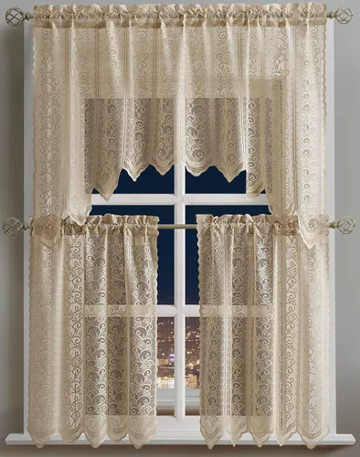 Vista 2 de Warm Home Designs El paquete de 3 cortinas de lino dorado para ventana de cocina incluye 2 niveles de 24 pulgadas y cenefa con festón. Juego
