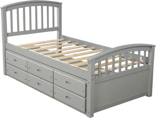 Vista 6 de Cama de almacenamiento de plataforma de tamaño individual, sofá cama individual de madera maciza con 6 cajones de almacenamiento, gris