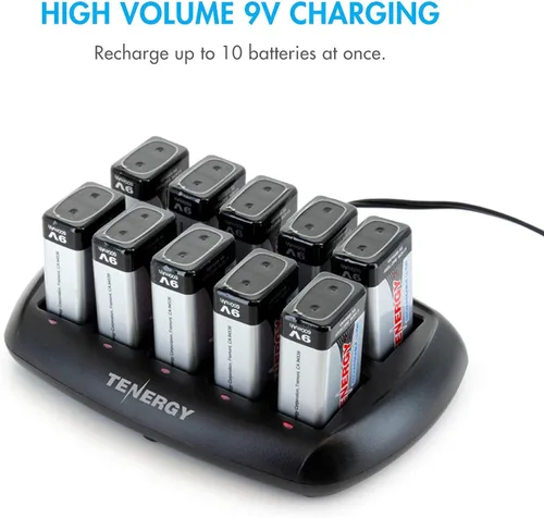 Vista 2 de Tenergy Baterías 9V 600mAh 10PCS Li-ion 9 voltios baterías recargables con 10 ranuras Li-ion 9V cargador de batería para alarma de humo/detector