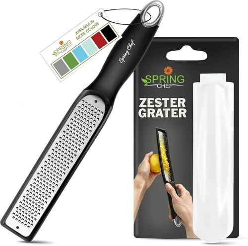 Vista 13 de Spring Chef Rallador Zester de limón prémium con asa, frutas, ajo, chocolate, jengibre, herramienta de cocina resistente, zester cítrico de acero