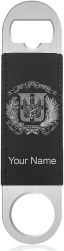 Vista 12 de LaserGram Abrebotellas, escudo de armas República Dominicana, grabado personalizado incluido (cuero sintético, negro y dorado)